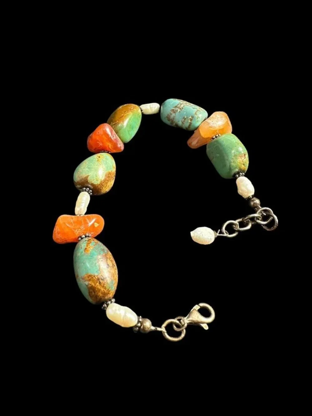 Bracelet 925 Turquoise Carnelian And Pearl Beads Adjustable Long Vintage